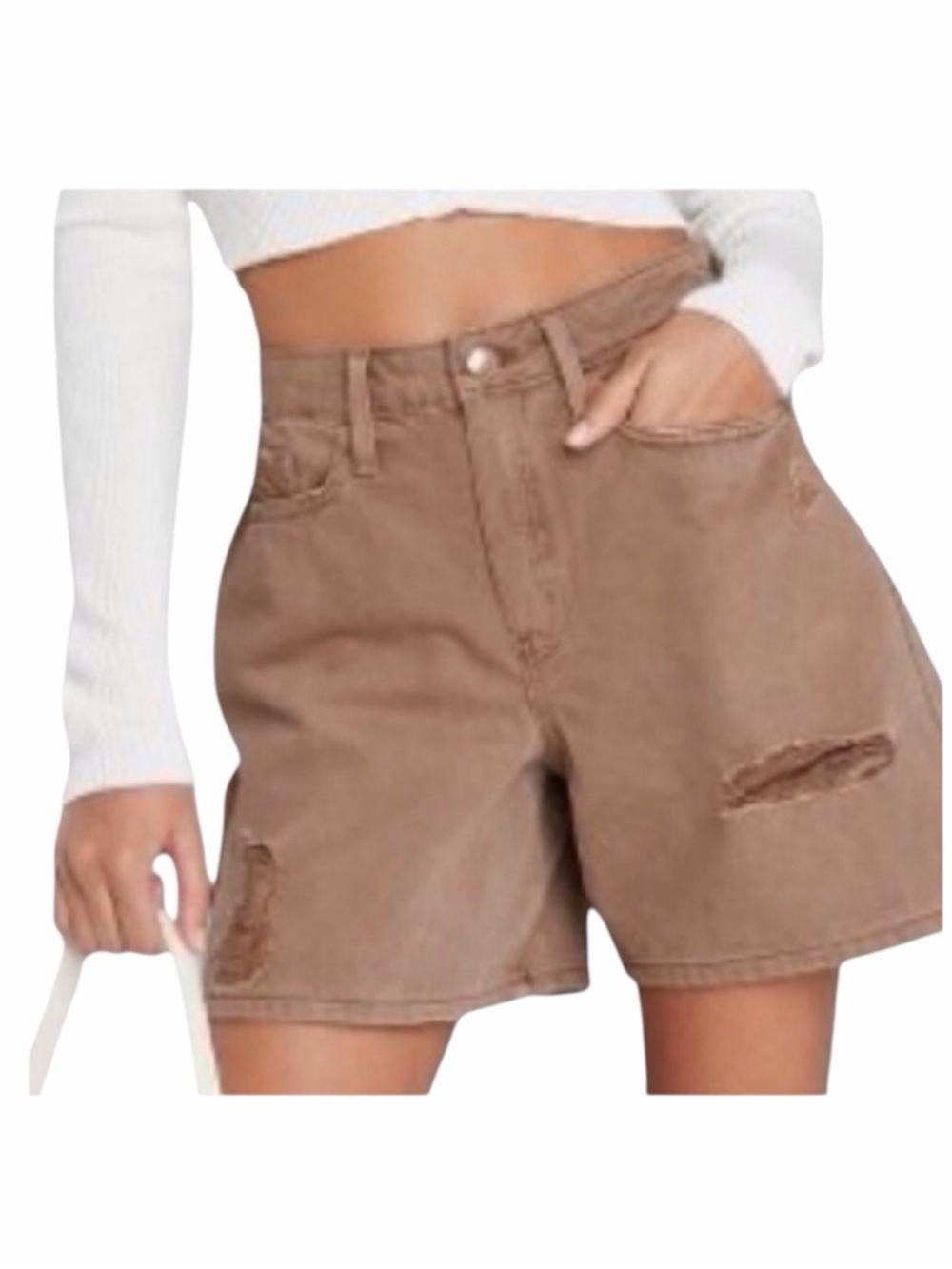 Wild Fable High Rise Mineral Dyed Distressed Bermuda Jean Shorts in Brown